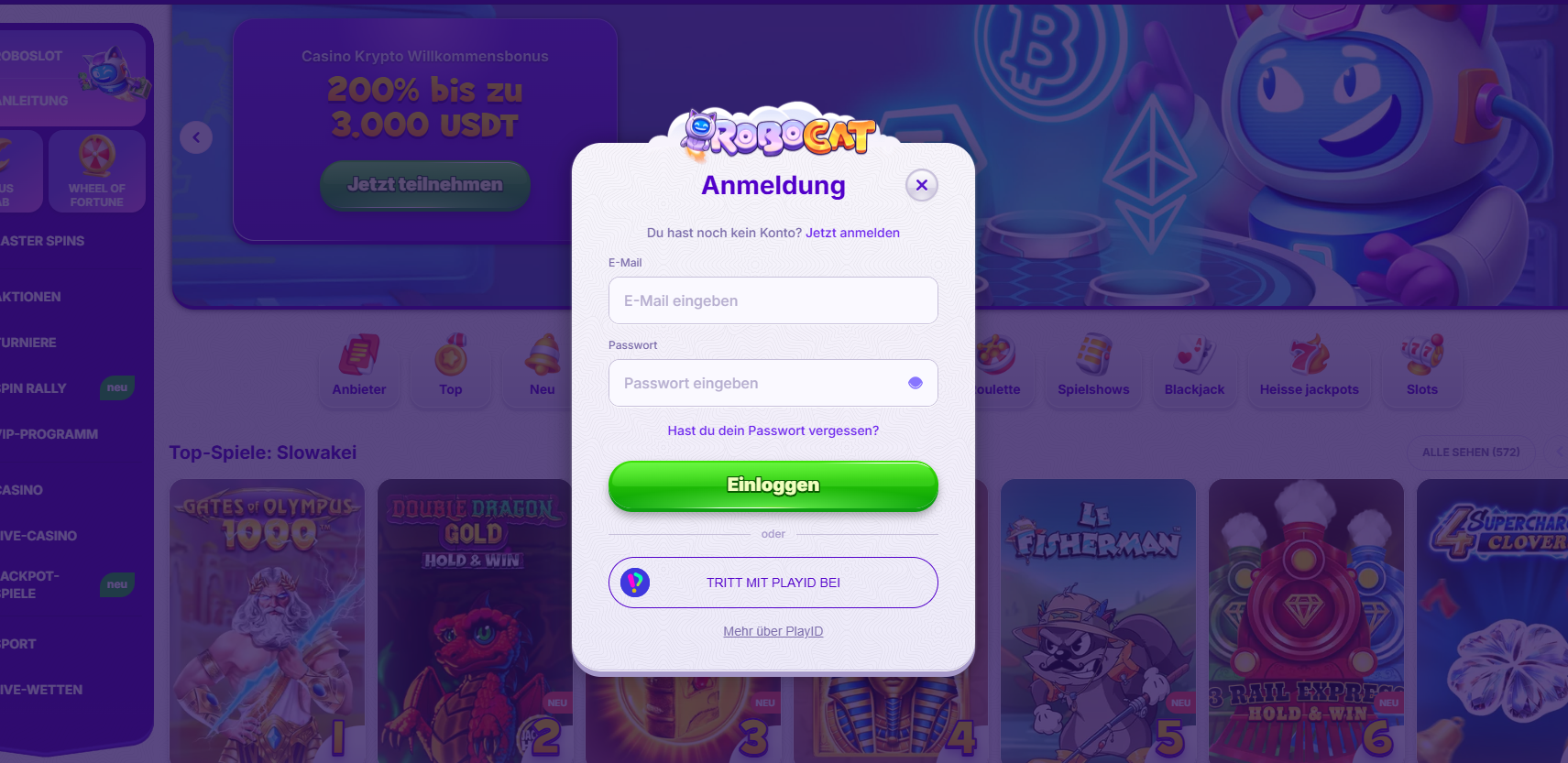 Login popup (“Anmeldung”) for RoboCat casino showing email and password fields, a “Forgot password?” link, a green “Einloggen” button, and an alternative sign-in option via PlayID, over a blurred casino homepage background.