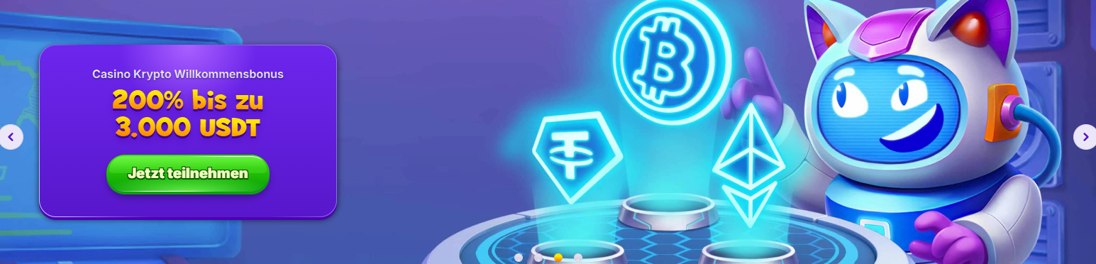 German casino banner featuring a RoboCat character beside glowing cryptocurrency symbols, with a purple promo box advertising a crypto welcome bonus of 200% up to 3,000 USDT and a green “Jetzt teilnehmen” call-to-action button.